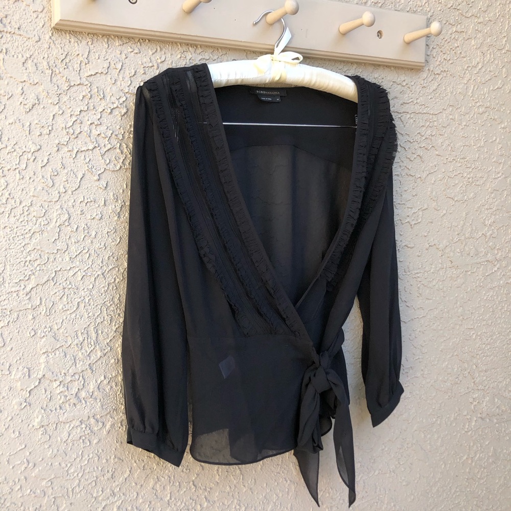 NWOT BCBGMaxAzria Long Sleeve Tie Blouse in Black